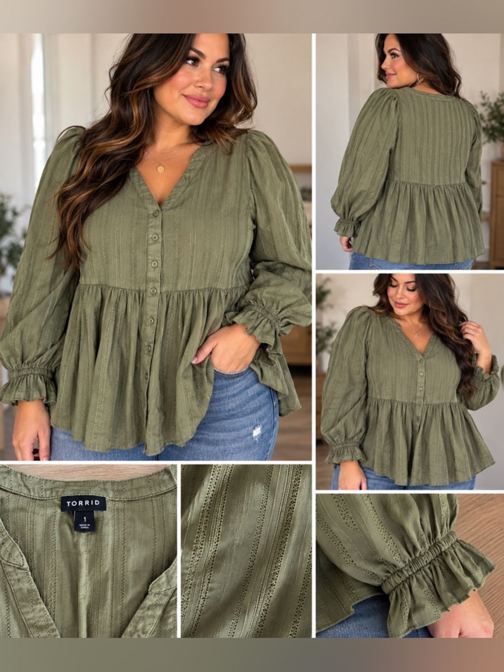 orrid Olive Green Textured Babydoll Blouse – Size 1X